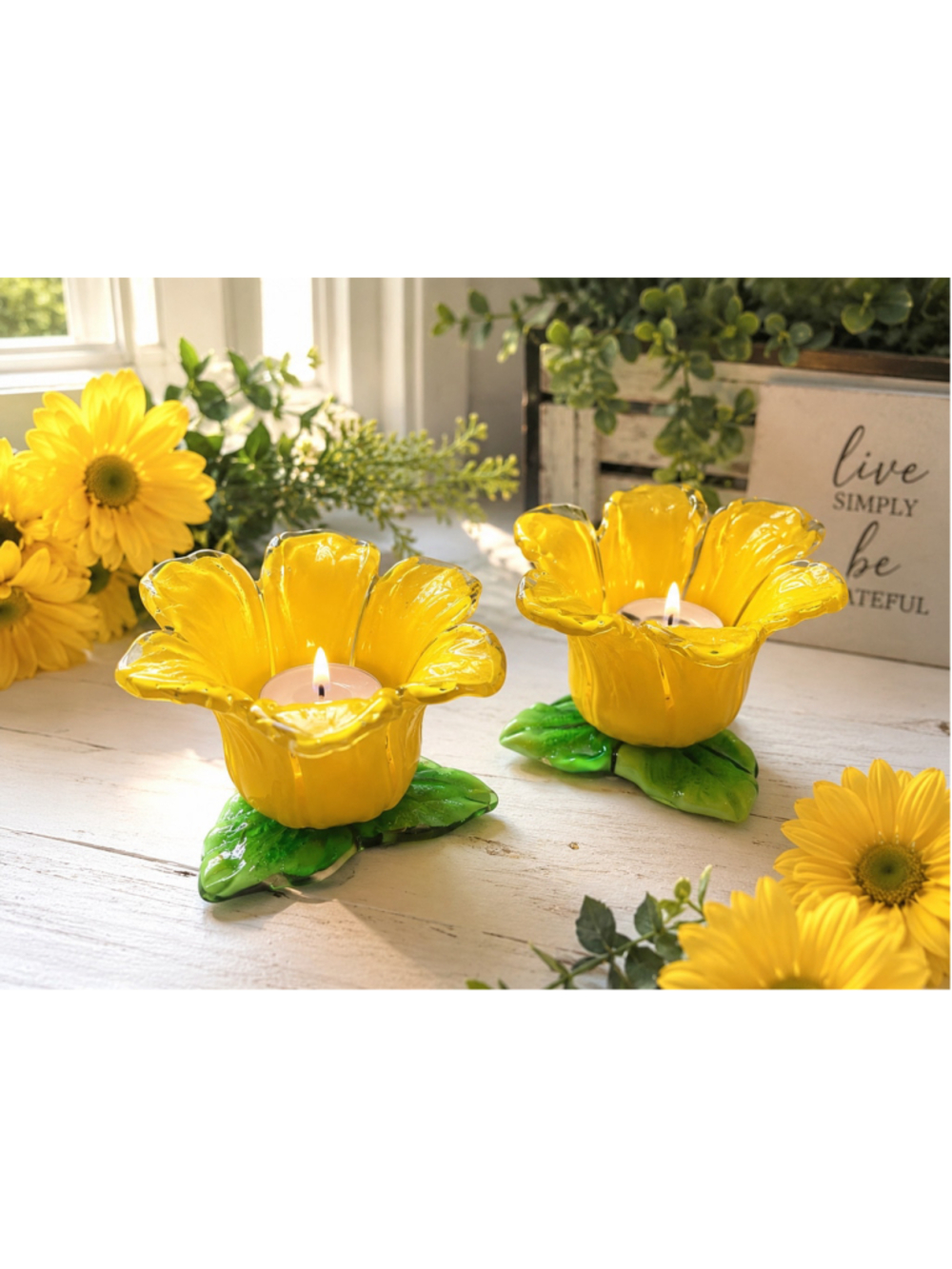 Pair Murano Style Hand Blown Art Glass Yellow Tulip Tea Light Candle Holders